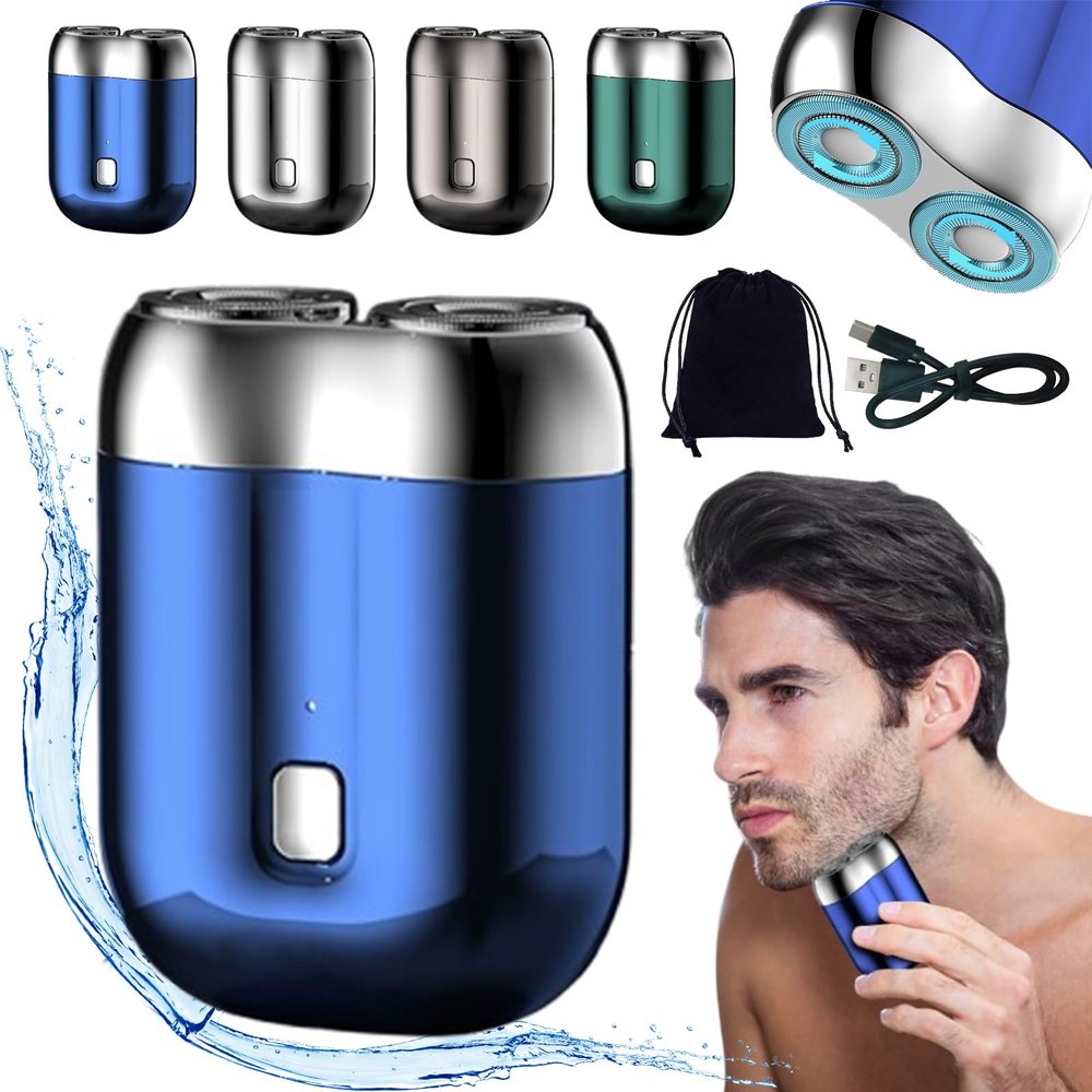 2024 New Upgrade Pocket Shaver USB Mini Shavers for Men, Electric Mini Portable Razor, Washable Double Head Razor, Rechargeable Waterproof Compact Electric Shaver for Home, Car, Travel (Blue)