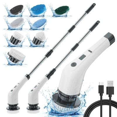 APLUSH Electric Spin Scrubber,Cordless Shower Cleaning Brush with 7 Replaceable Brush Heads, Adjustable 2 Speeds Extension Handle Power Cleaning Brush for Tub Tile Floor Car,White