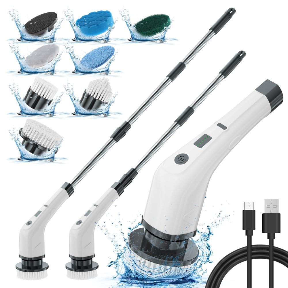 APLUSH Electric Spin Scrubber,Cordless Shower Cleaning Brush with 7 Replaceable Brush Heads, Adjustable 2 Speeds Extension Handle Power Cleaning Brush for Tub Tile Floor Car,White
