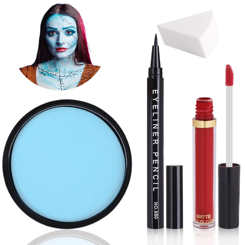 Paminify 4 Pcs Sally Makeup Kit,Corpse Bride SFX Halloween Baby Blue ,Water Activated Face Paint Makeup Kit,Sally Face Costume Women Cosplay,Light Blue Body Paint+Eyeliner+Lipstick+Sponge