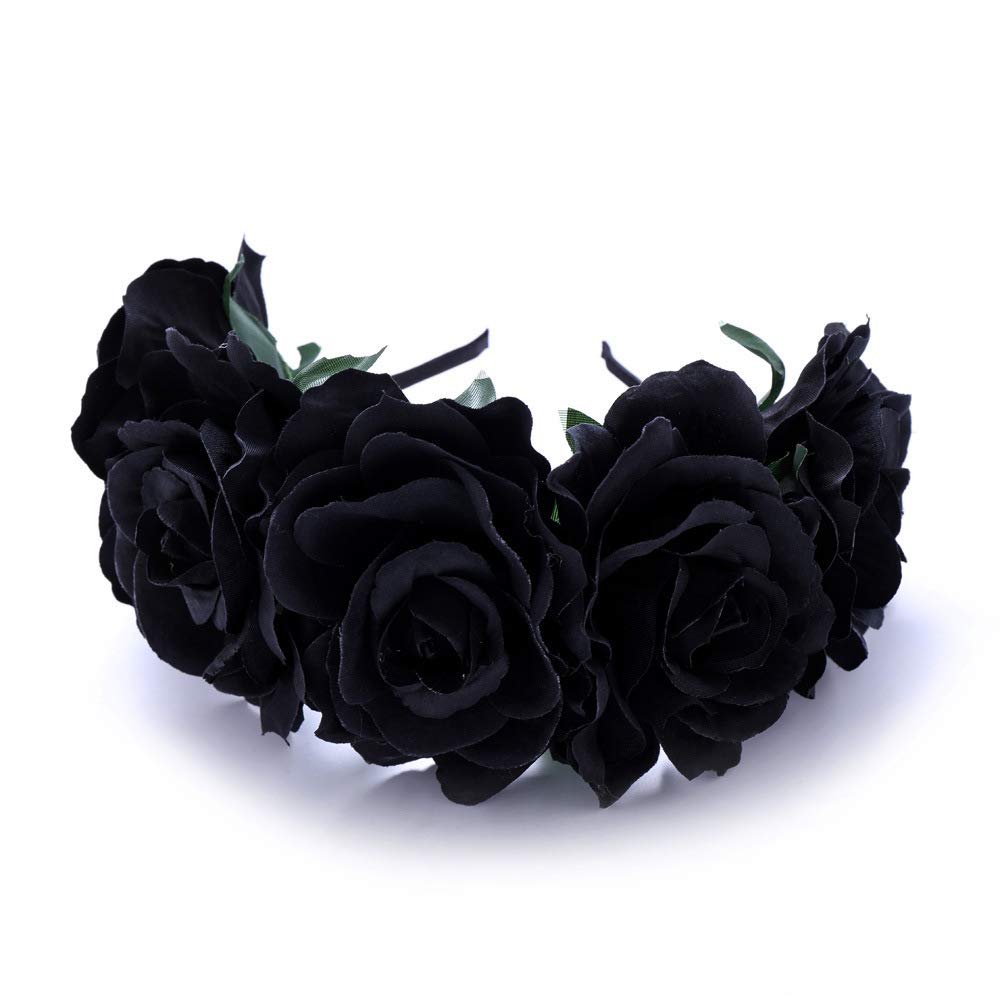 Bodermincer Women Rose Flowers Hairband Branch Wedding Wreath Headband Crown Headbands (Black)