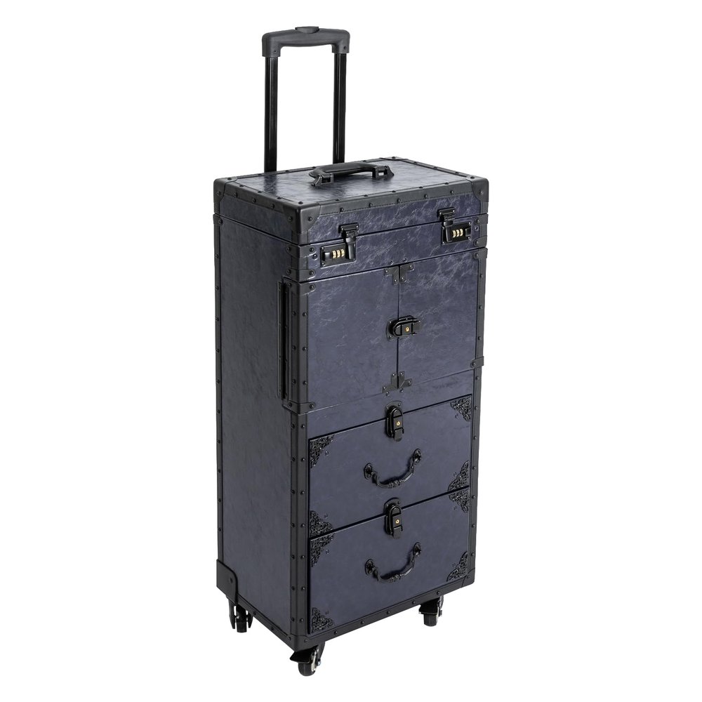 Eleeferri Makeup Train Case Rolling Barber Suitcase Large Capacity Cosmetic Case Lockable Hairdressing Stylist Travel Tool Box Retro Style for Hair Salon, Nail Salon, Beauty Salon
