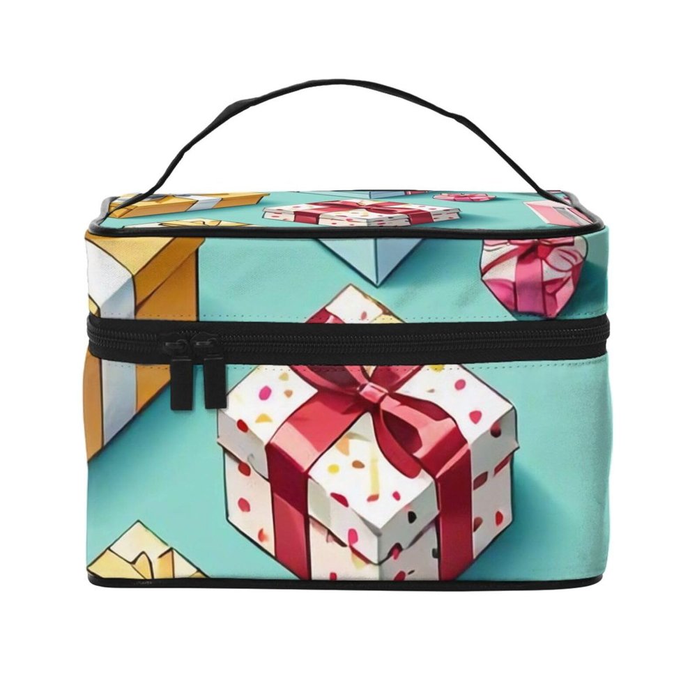 QASDFGHR Small Pretty Presents Print Makeup Bag,Travel Cosmetic Bag with Zipper for Women Square Make Up Bags Organizer