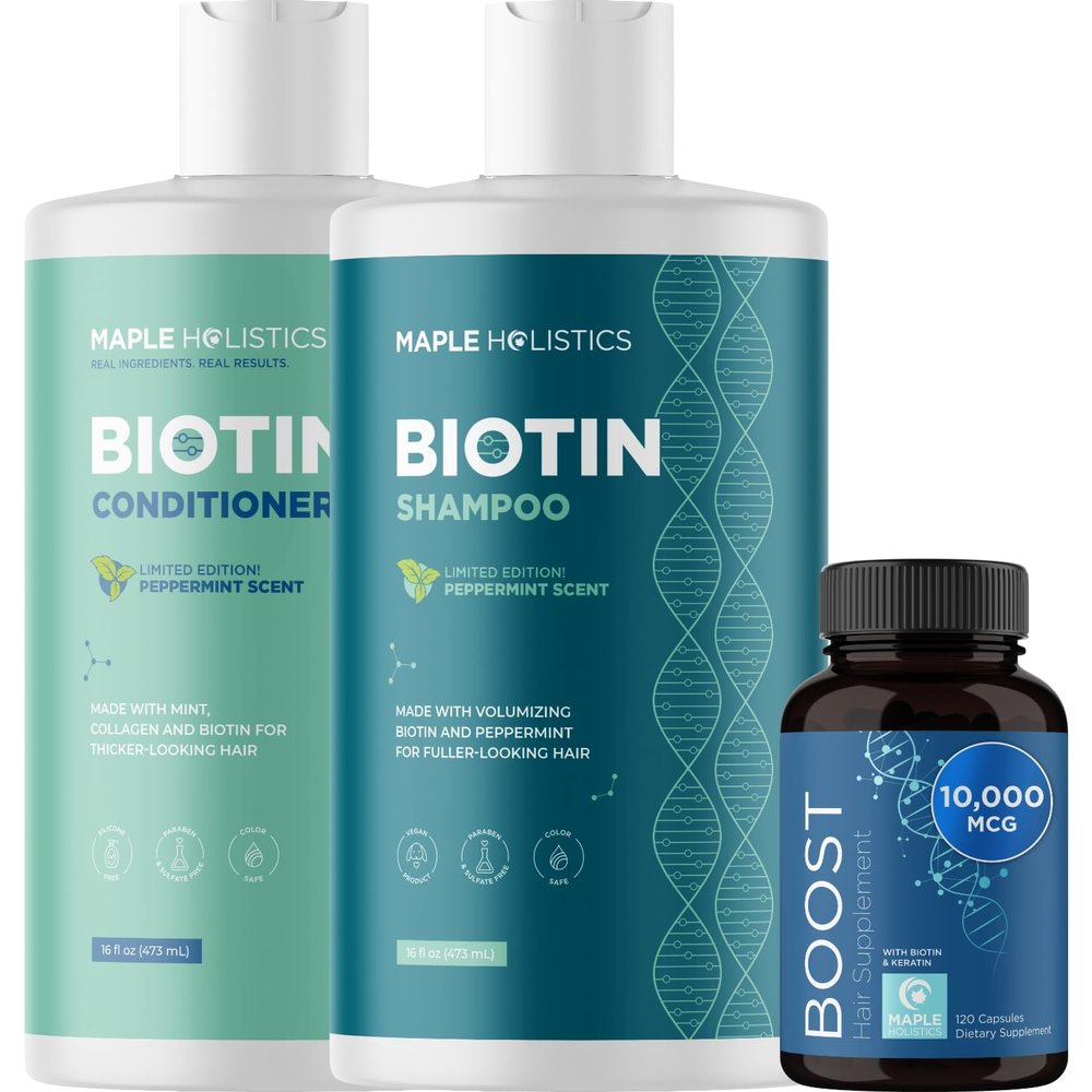 Hair Loss Supplement plus Mint Biotin Shampoo Set - Biotin Hair Growth Supplement for Men and Women Plus Volumizing Mint Shampoo Bundle