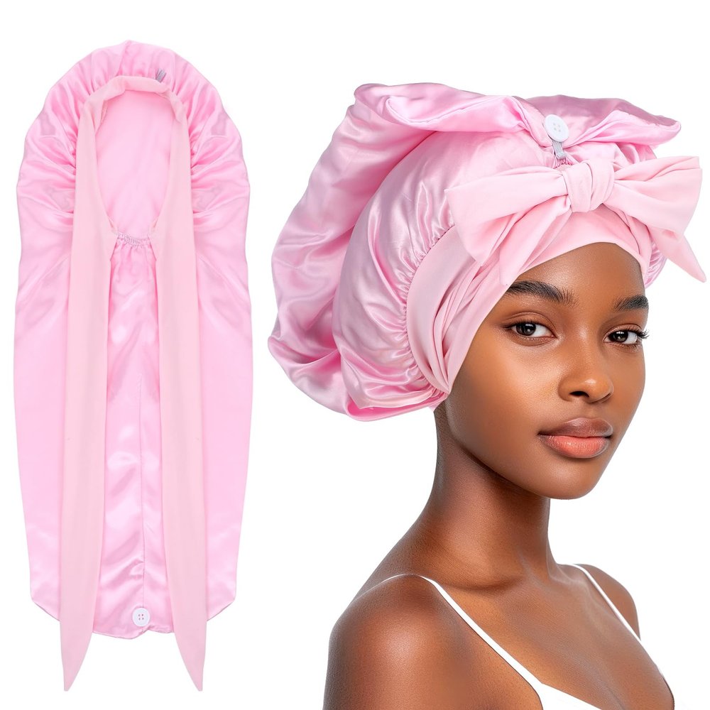 Abeillo Long Satin Bonnet for Women Sleeping, Silk Large Hair Cap With Tie Band for Braids Curly Hair (Pink)