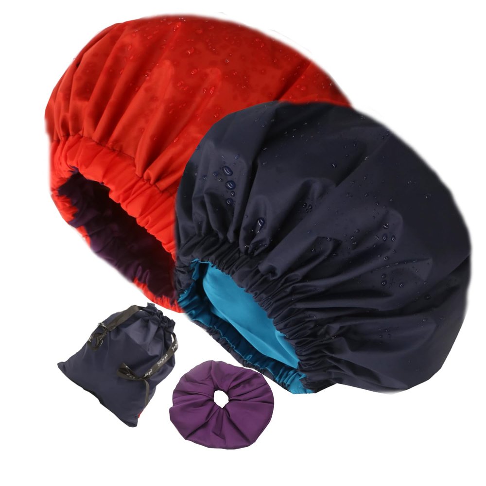 2Pcs Genergy Reusable Shower Cap Waterproof, Adjustable Shower Caps for Women, Luxury Baths Cap with Satin Interior, Extra Large, Two Layers, Reversible Elastic Hair Cap (Dark blue+Red)