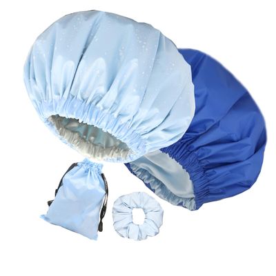 2Pcs Genergy Shower Cap for Women Waterproof, Adjustable Shower Caps, Luxury Baths Cap with Satin Lining, Extra Large, Double Layers, Reversible Elastic Shower Cap (Light blue+ Navy blue)