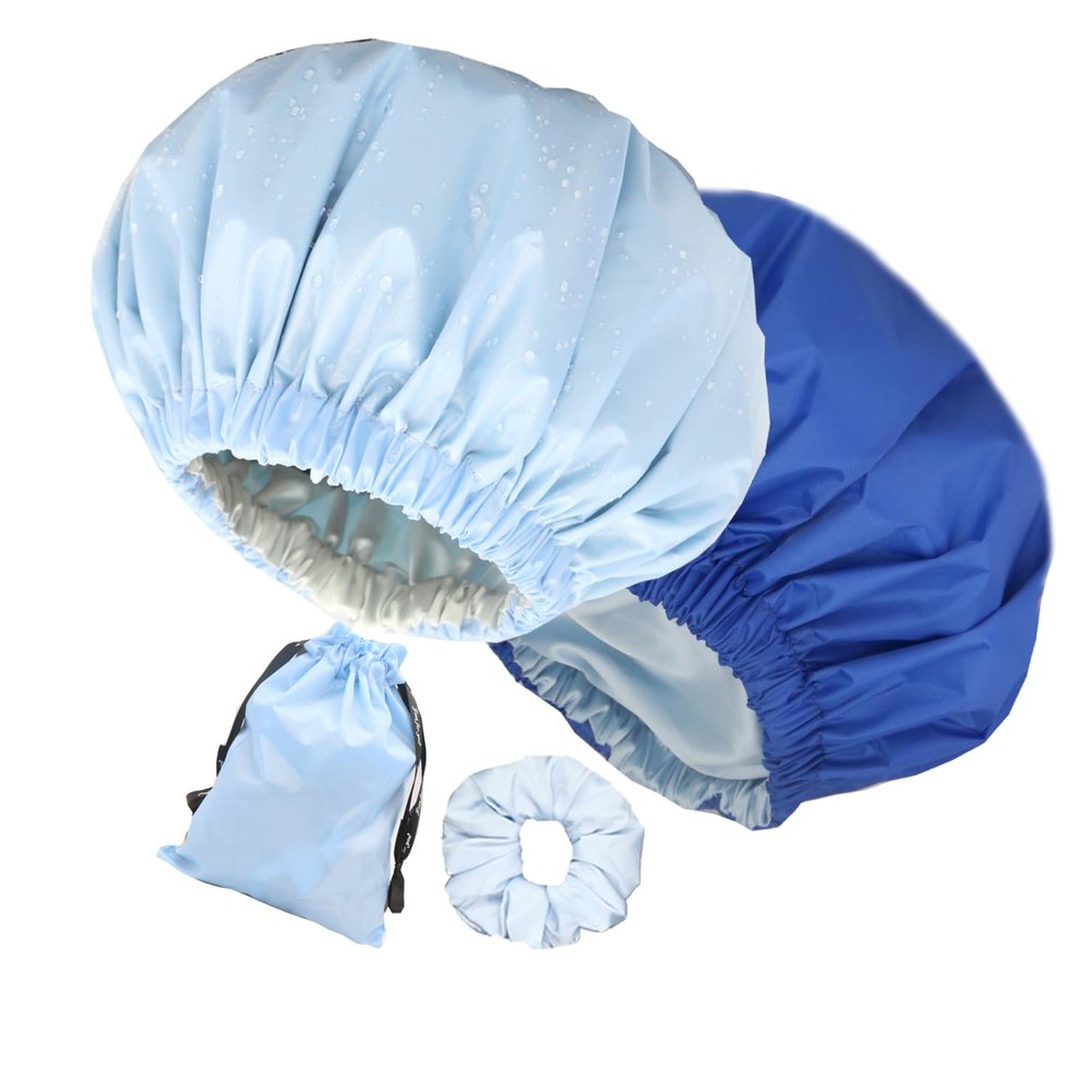 2Pcs Genergy Shower Cap for Women Waterproof, Adjustable Shower Caps, Luxury Baths Cap with Satin Lining, Extra Large, Double Layers, Reversible Elastic Shower Cap (Light blue+ Navy blue)