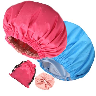 2Pcs Genergy Luxury Satin lined Shower Cap for Women Waterproof, Adjustable Shower Caps Baths Cap Reusable, Extra Large, Double Layers, Reversible Elastic Bath Cap (Rose red+Blue)