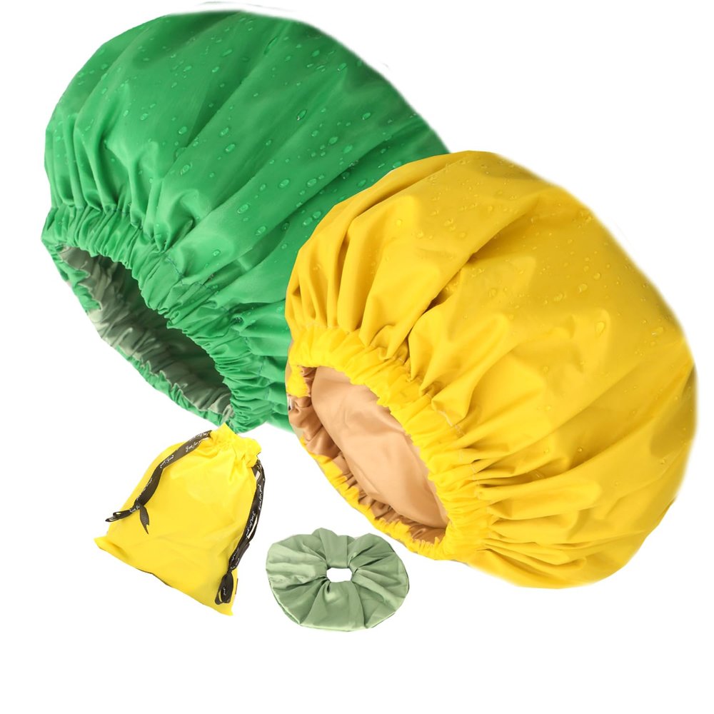 2Pcs Genergy Luxury Satin lined Shower Cap Waterproof, Adjustable Shower Caps for Women Reusable, Extra Large, Double Layers, Reversible Elastic Bath Cap (Yellow+Green)