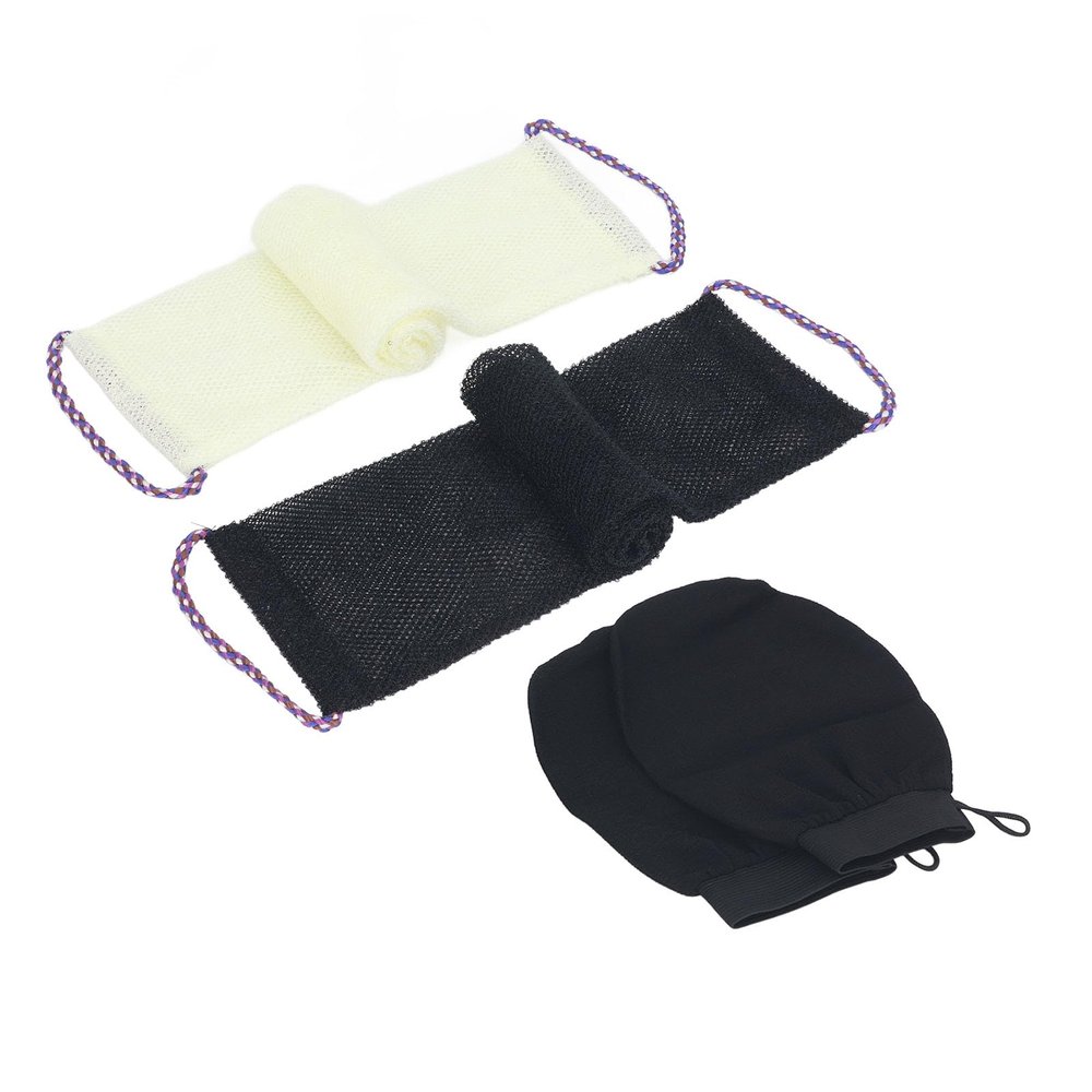 2 Pack Nylon Net Bath Sponge, Net Bath Sponge Set, Net Back Scrubber Quick Drying Nylon Body Exfoliating Net Back with Hand Straps and 2 Bathing Gloves (Pink) (Black Beige)