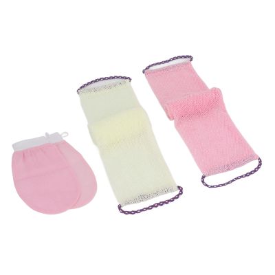 2 Pack Nylon Net Bath Sponge, Net Bath Sponge Set, Net Back Scrubber Quick Drying Nylon Body Exfoliating Net Back with Hand Straps and 2 Bathing Gloves (Pink) (Roseate Beige)