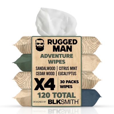 BLKSMITH Refined Man Body Wipes For Men - Cold Shower Face and Body Wipes for Men with Sandalwood, Citrus Mint, Cedarwood & Eucalyptus - Refreshing Mens cleansing Wipe - 120 Count (4 x 30 Pack)