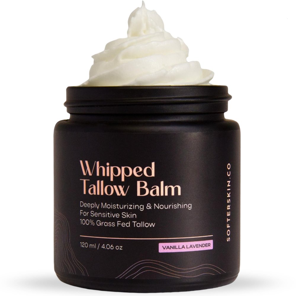 Beef Tallow for Skin (Vanilla Lavender 4 oz) - Whipped Tallow Balm for Face and Body - Natural Moisturizer for Sensitive Dry Skin - Handmade Body Butter - 100% Grass-Fed - Gentle Skincare