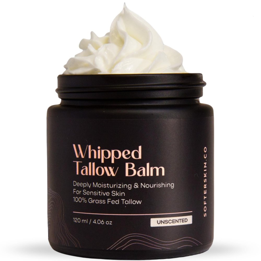 Beef Tallow for Skin (Unscented 4 oz) - Whipped Tallow Balm for Face and Body - Natural Moisturizer for Sensitive Dry Skin - Handmade Body Butter Lotion - 100% Grass-Fed - Gentle Skincare