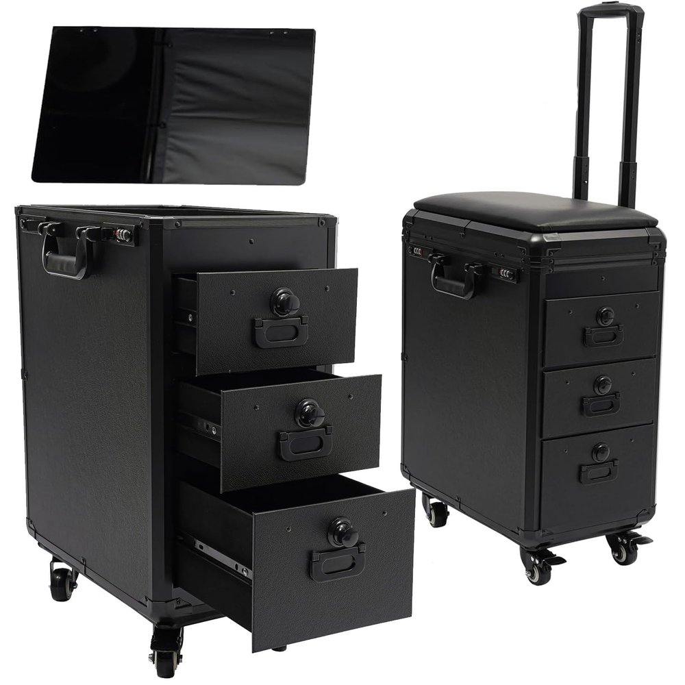 Cosmetic Case - Beauty Tattoo,Portable 3 Drawers Rolling Makeup Case with 4 Universal Wheels & Handles,for Hair Dryer, Beauty Salon, Beauty Studio,Modern