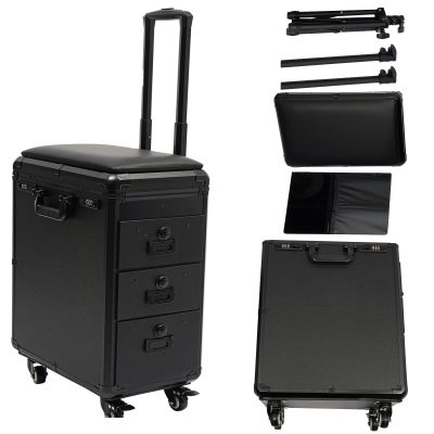 3-Tier Makeup Case with 4 Wheels,Makeup Case on Wheels for Hairdresser,Makeup Train Case Large Storage Travel Makeup Trolley for Tattoo Artist, Beauty Salon, Beauty Studio,Modern