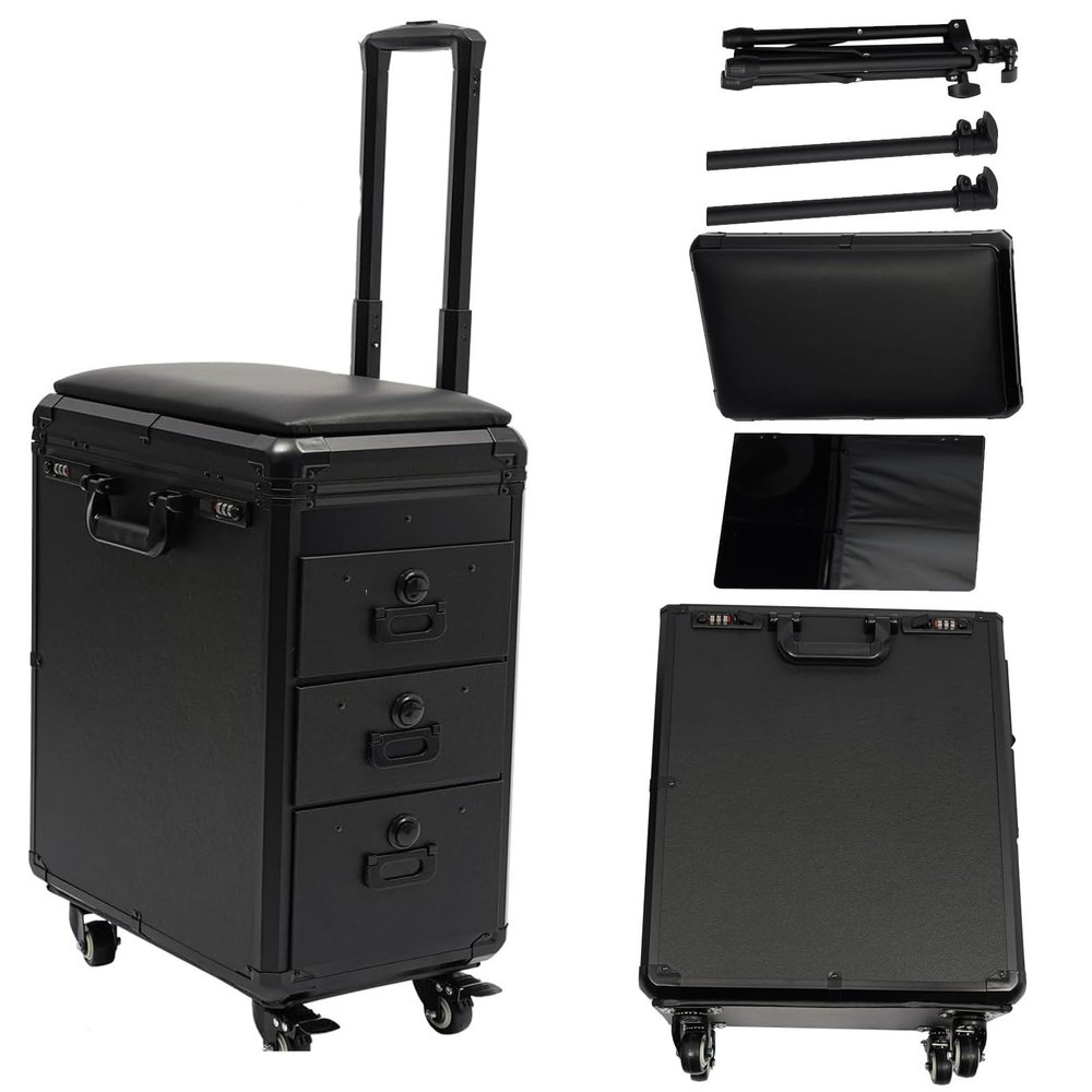 3-Tier Makeup Case with 4 Wheels,Makeup Case on Wheels for Hairdresser,Makeup Train Case Large Storage Travel Makeup Trolley for Tattoo Artist, Beauty Salon, Beauty Studio,Modern