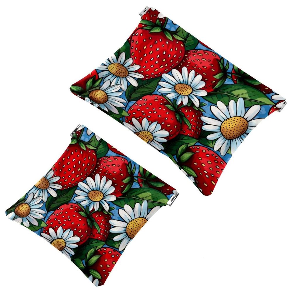 2 Pcs Pocket Cosmetic Bag, Cute Strawberry Daisy Flowers Pattern Self-Closing Shrapnel Makeup Bag No Zipper Small Makeup Pouch for Mini Travel Storage for Cosmetics Headphones Jewelry Organizer