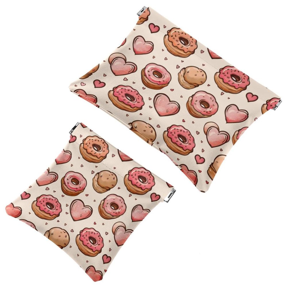 2 Pcs Pocket Cosmetic Bag, Cute Donuts Love Hearts Pattern Self-Closing Shrapnel Makeup Bag No Zipper Small Makeup Pouch for Mini Travel Storage for Cosmetics Headphones Jewelry Organizer