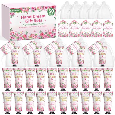 KONEUK 50 Pack Bulk Hand Cream Sets, Bridal Shower Favors, Appreciation Gifts and Baby Shower Favors for Guests with Thank You Card and Organza Gift Bags, Wedding Party Favors (Baby Girls)