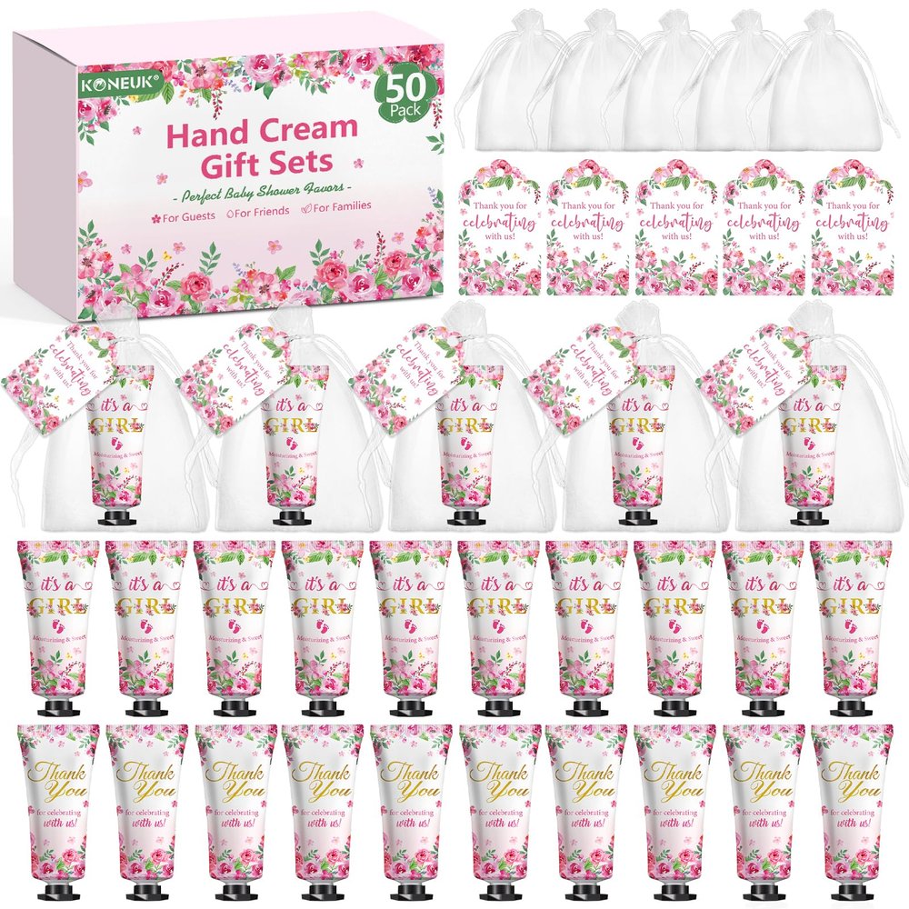 KONEUK 50 Pack Bulk Hand Cream Sets, Bridal Shower Favors, Appreciation Gifts and Baby Shower Favors for Guests with Thank You Card and Organza Gift Bags, Wedding Party Favors (Baby Girls)