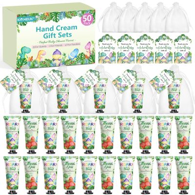 50 Pack Bulk Hand Cream Gifts Sets, Baby Shower Favors and Wedding Welcome Bag Stuffers for Guests with Thank You Card and Organza Gift Bags, Appreciation Gifts, Bridal Shower Favors (Dinosaur)