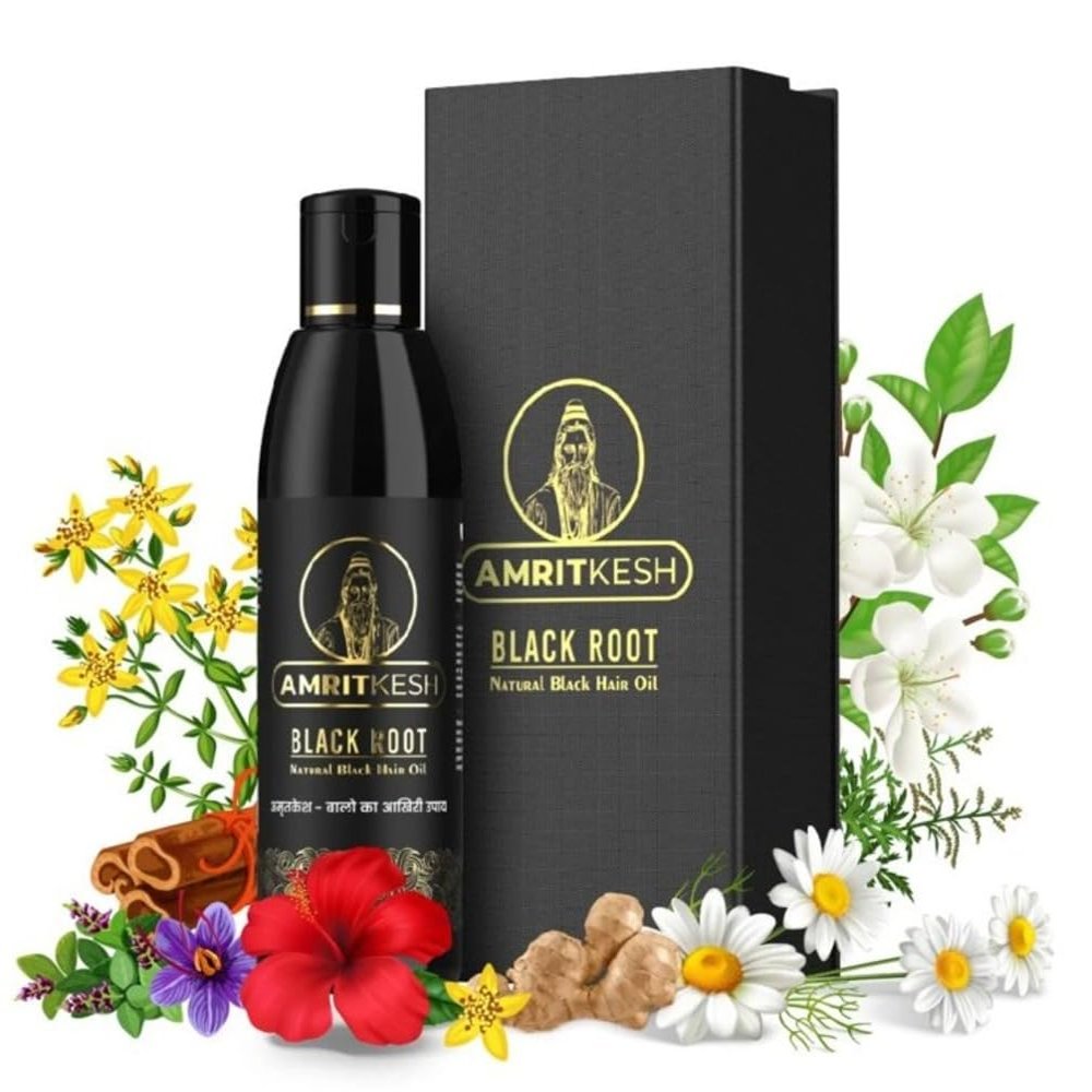AMRITKESH Black Root Natural Hair Oil Strengthen Nourish Promote Hair Growth Enriched with Coconut Bhringraj Amla Vitamin E Neem Argan Oil for Men and Women - 100ml