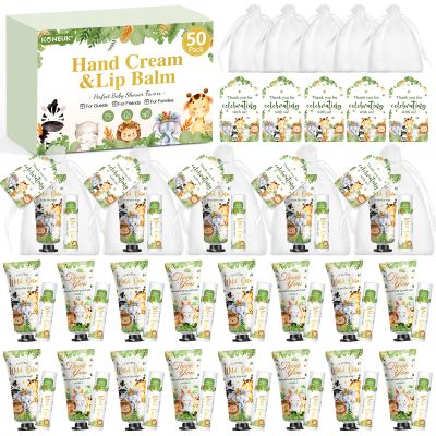 50 Pack Bulk Hand Cream and Bulk Lip Balm Gifts Sets, Baby Shower Favors and Bridal Shower Favors for Guests with Thank You Card and Organza Gift Bags, Birthday Gifts, Appreciation Gifts (Animal)