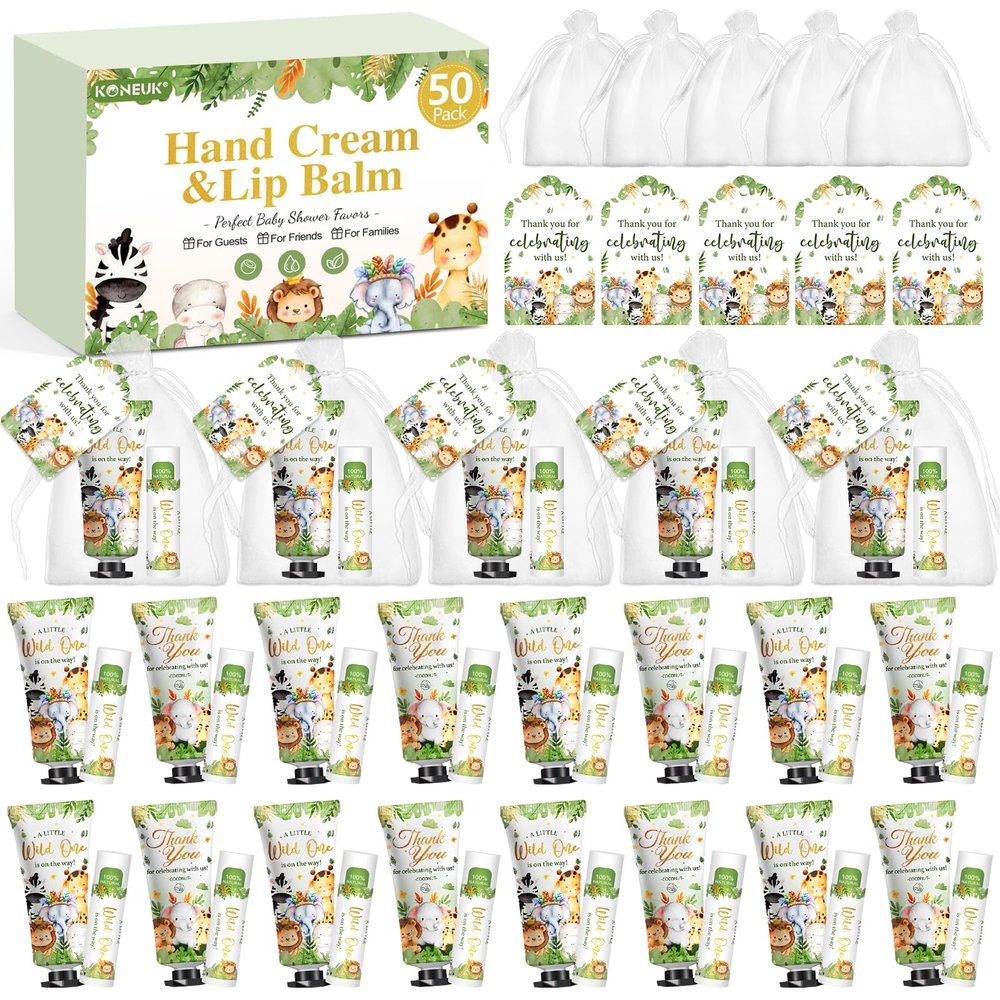 50 Pack Bulk Hand Cream and Bulk Lip Balm Gifts Sets, Baby Shower Favors and Bridal Shower Favors for Guests with Thank You Card and Organza Gift Bags, Birthday Gifts, Appreciation Gifts (Animal)