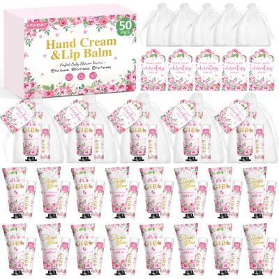 50 Pack Bulk Hand Cream and Lip Balm Gifts Sets, Baby Shower Favors and Bridal Shower Favors for Guests with Thank You Card and Organza Gift Bags, Appreciation Gifts, Wedding Party Favors (Baby Girls)