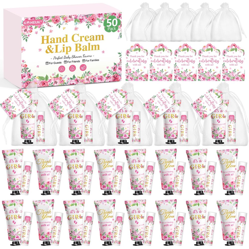 50 Pack Bulk Hand Cream and Lip Balm Gifts Sets, Baby Shower Favors and Bridal Shower Favors for Guests with Thank You Card and Organza Gift Bags, Appreciation Gifts, Wedding Party Favors (Baby Girls)