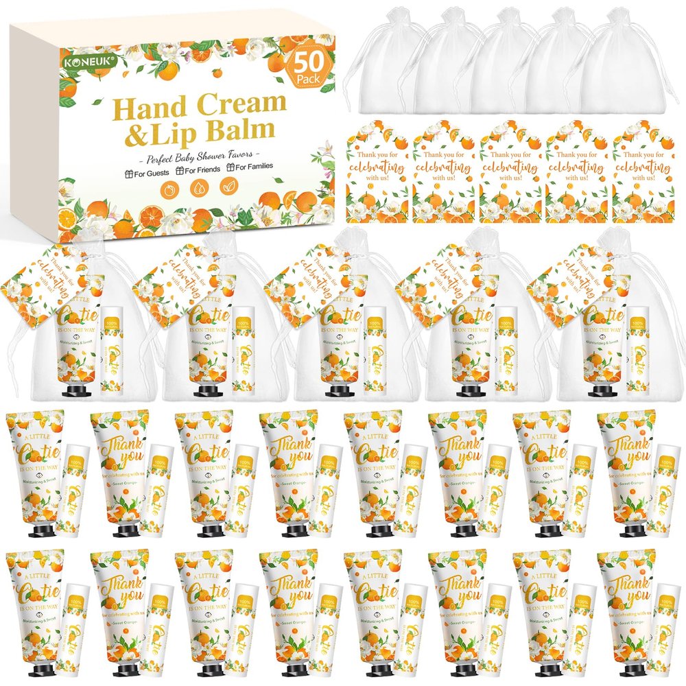 50 Pack Bulk Hand Cream and Bulk Lip Balm Gifts Sets, Bridal Shower Favors and Baby Shower Favors for Guests with Thank You Card and Organza Gift Bags, Appreciation Gifts, Baby Shower Prizes (Orange)