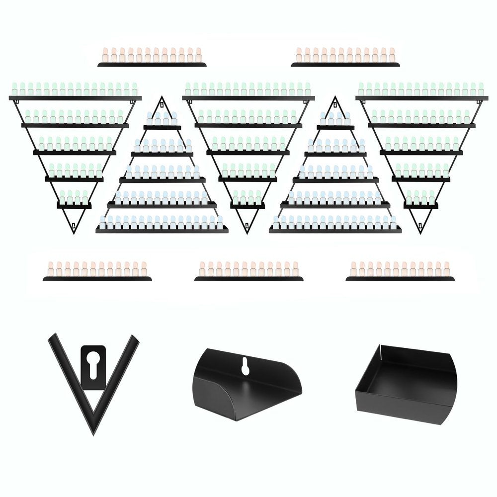 5-Tier Wall-Mounted Nail Polish Rack, 10 PCS Metal Nail Polish Shelves, Includes 5 PCS Triangular & 5 PCS Strip Display Racks, Galvanized Steel Storage for Spa, Nail Salon, Home (Black)
