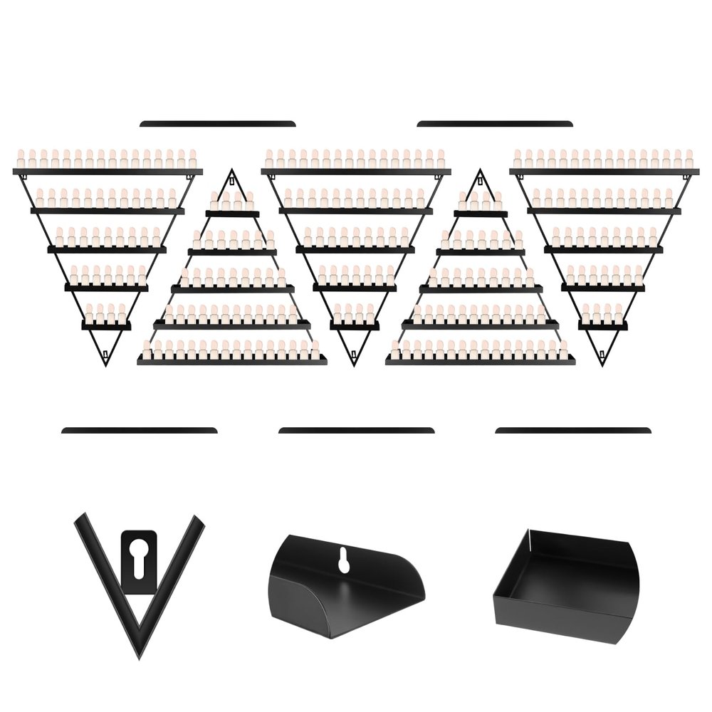 5 Tiers Elegant Black Wall Mounted Nail Polish Rack, 10 PCS Triangle Cosmetic Nail Polish Display to Organize Your Lipstick and Perfume at Home or in The Salon for Home Spa Nail Salon Shop (Black)