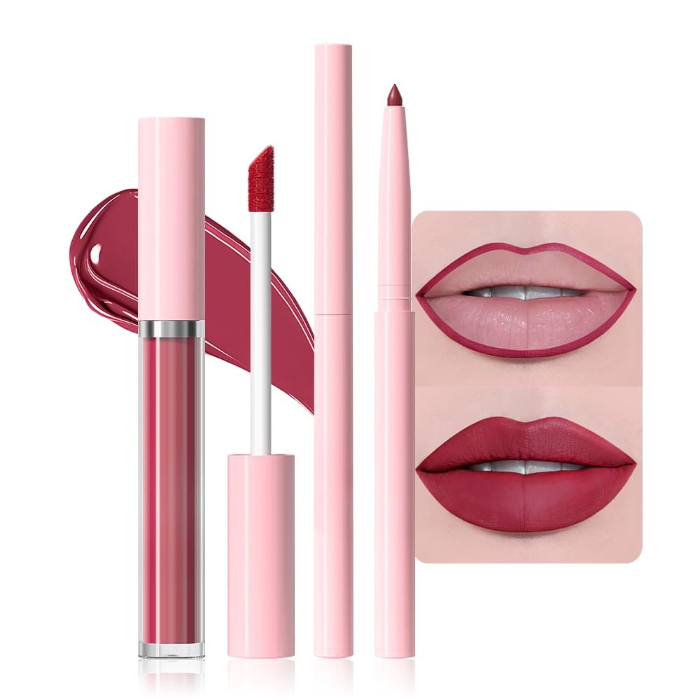 AMY'S DIARY Lip Gloss and Lip Liner Set Matte Liquid Lipstick with Matching Lip Pencil Rose Red, Berry, Wine Red Shades Long Lasting, Waterproof, Non-Sticky Lip Makeup Kit for Defined Lips