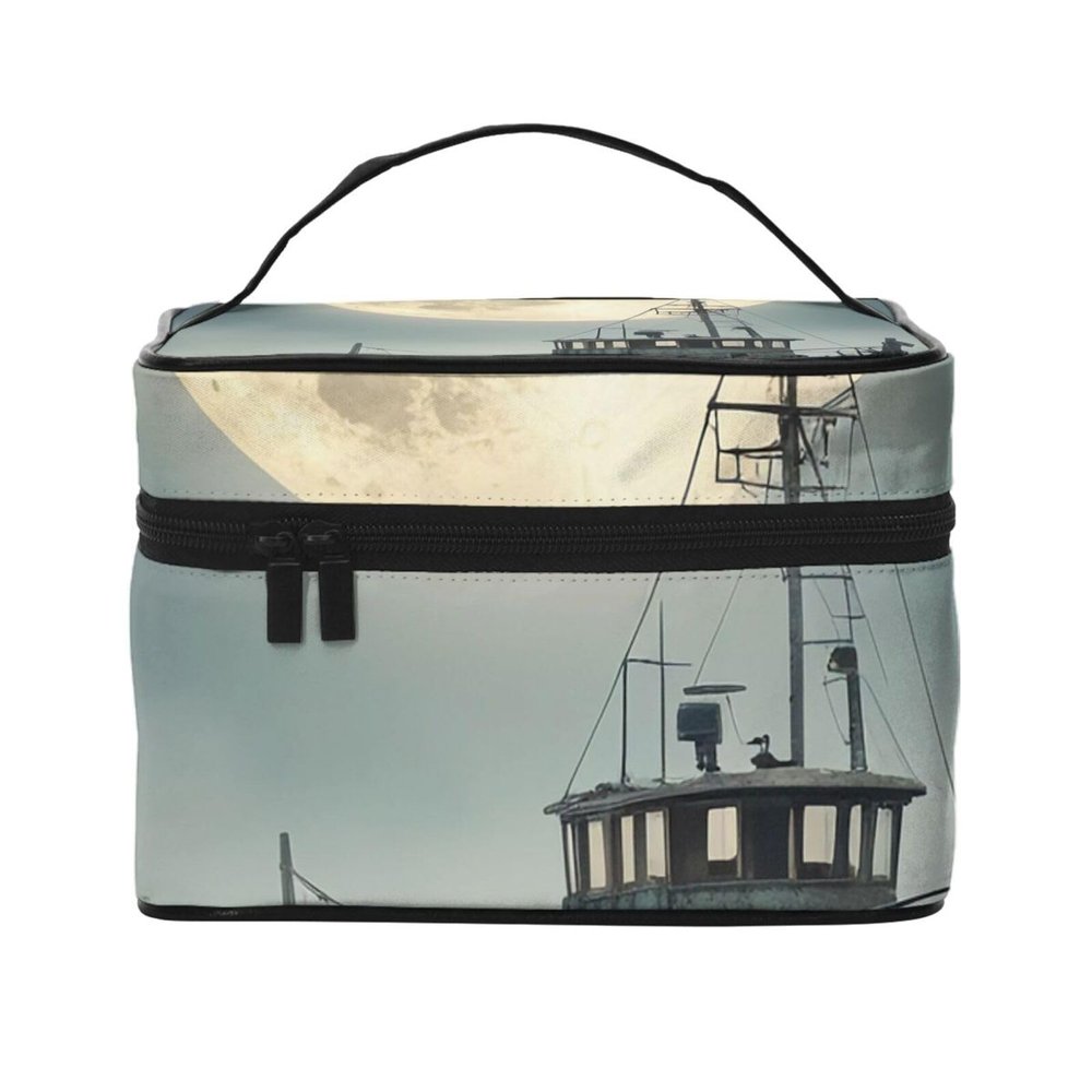 QASDFGHR Small Creepy Boat with Full Moon Print Makeup Bag,Travel Cosmetic Bag with Zipper for Women Square Make Up Bags Organizer