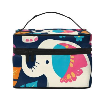 QASDFGHR Small Colorful Elephant and Leaf Print Makeup Bag,Travel Cosmetic Bag with Zipper for Women Square Make Up Bags Organizer