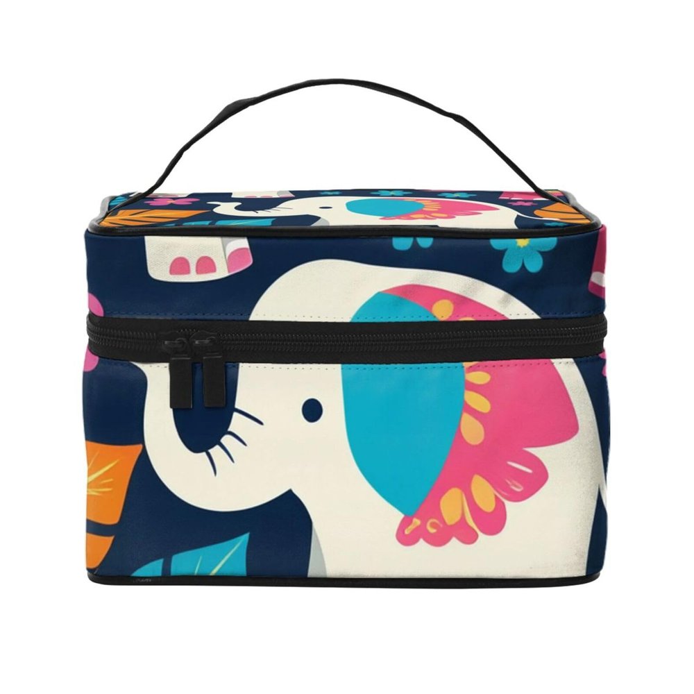 QASDFGHR Small Colorful Elephant and Leaf Print Makeup Bag,Travel Cosmetic Bag with Zipper for Women Square Make Up Bags Organizer