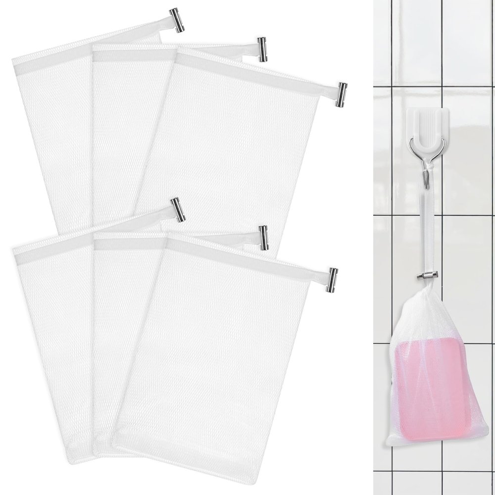 6 PCS Exfoliating Mesh Soap Pouch Soft Soap Bag with Drawstring for Shower Double Layer Thicken Foam Net Bubble Foam Net Soap Sack Saver Pouch, White