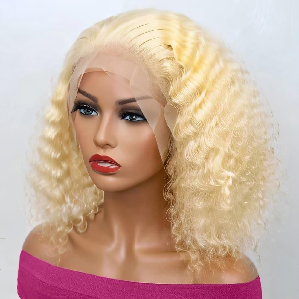 oulaer #613 Color Deep Wave Wig Brazilian Remy Hair HD Transparent Lace Front Wig 13x4 Kinky Honey Blonde Short Bob HD Lace Front Human Hair Wigs Deep Wave 150% Density Glueless Wig 14Inch
