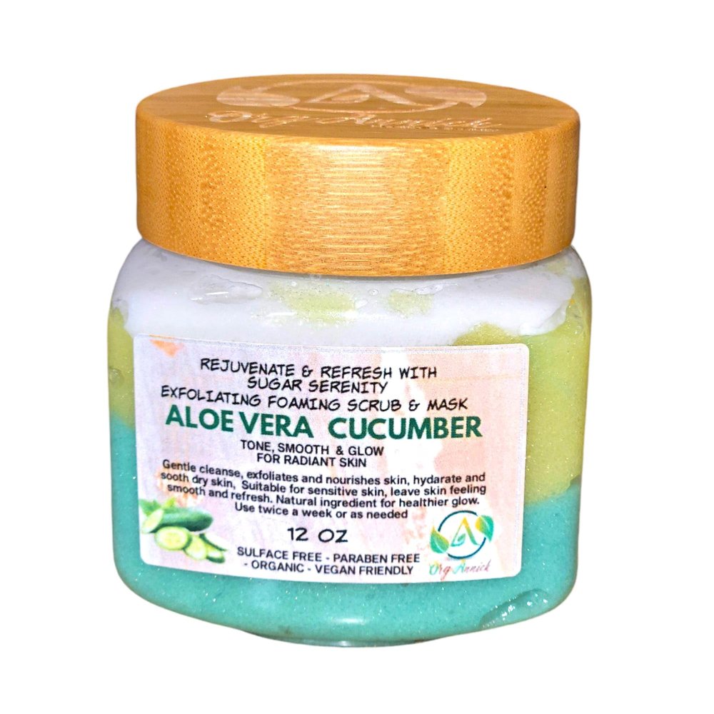 OrgAnnick Aloe & Cucumber Sugar Scrub & Face Mask - 12 oz Natural exfoliating body scrub for Hydrating & Smoothing Skin - 2-in-1 facial scrub exfoliator & Mask for Glowing & Radiant Skin