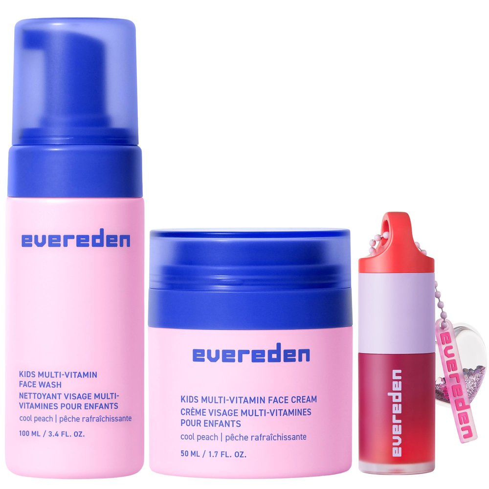 Evereden Happy Kids Skin & Lips Routine - Multi-Vitamin Face Wash & Face Cream & Tinted Lip Oil Set - Clean & Vegan Skin Care for Kids 3+ - Moisturizing, Nourishing, & Protective