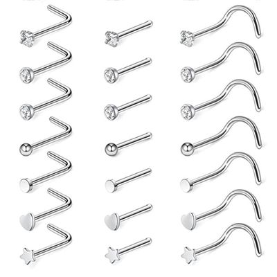 CHARIFIN Body Piercing Stainless Steel Silver Nose Ring Industrial Nose Stud Cartilage piercings for women 21pcs