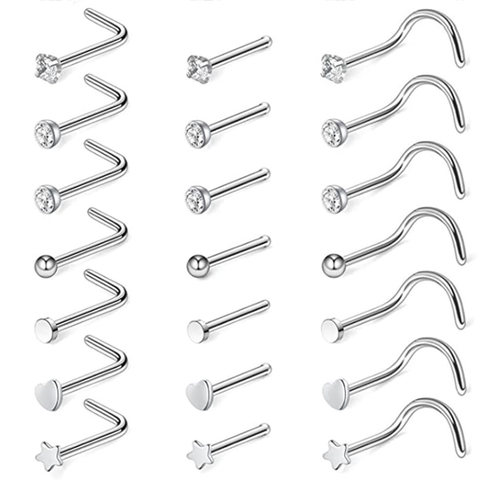 CHARIFIN Body Piercing Stainless Steel Silver Nose Ring Industrial Nose Stud Cartilage piercings for women 21pcs