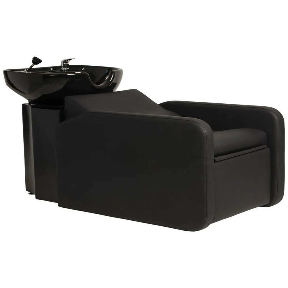 Buy-Rite Eclipse Lay-In Shampoo Backwash Unit for Salons & Barbershops - Porcelain Bowl with Hardware, Extra-Wide Reclining Seat, Kick-Out Leg Rest, Built-In Headrest & Lumbar Support, TS-8088-BLK