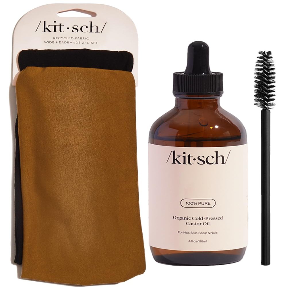 Kitsch Organic Cold-Pressed Castor Oil for Hair Growth, Eyelashes, Eyebrows, Face, Scalp Health, and Hydration + Recycled Fabric Turban Headband and Boho Head Wraps for Women - Headbands for Women