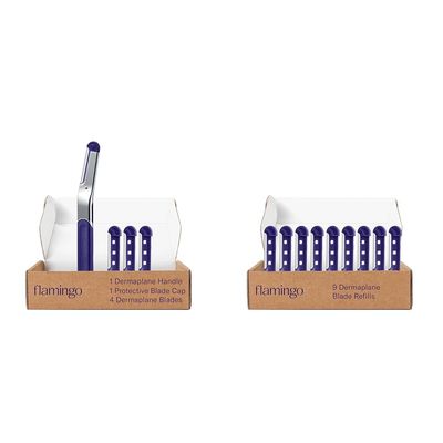 Flamingo Dermaplane Razor Kit, Includes 1 Dermaplane Handle with Blade Cover and 4 Refillable Razors + Flamingo Dermaplane Blades Refills, 9 Count