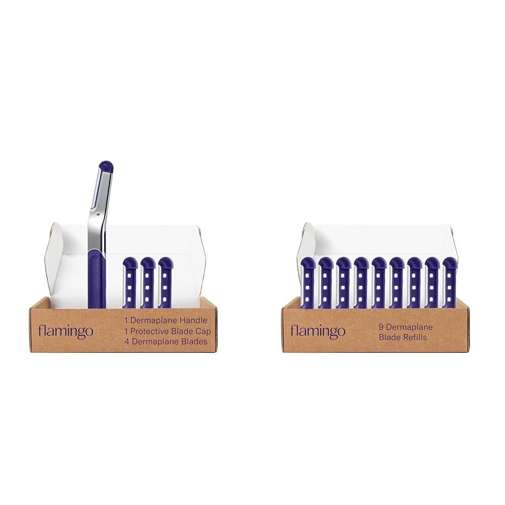 Flamingo Dermaplane Razor Kit, Includes 1 Dermaplane Handle with Blade Cover and 4 Refillable Razors + Flamingo Dermaplane Blades Refills, 9 Count