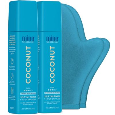 MineTan Coconut Duo Self Tan Bundle | Express 1 Hour - Includes 2 Coconut Sunless Tanner Mousses, Application Mitt, & Exfoliating Glove for Tan Removal & Prep